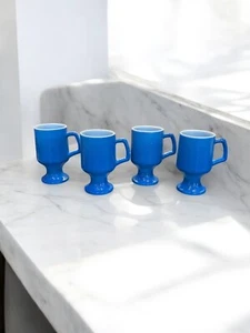 4 Vtg Anchor Hocking Fire King Footed Pedestal Blue Milk GlassCoffee Mugs - Picture 1 of 6