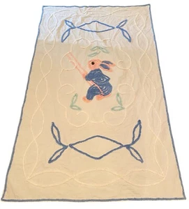 Vtg Bunny Rabbit Chenille Baby Crib Bedspread Blanket Blue Pink Swing Play Quilt - Picture 1 of 6