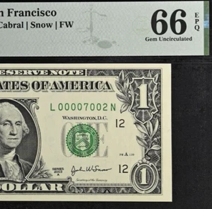 2003A $1 Federal Reserve Note PMG 66EPQ wanted birthday fancy serial number 7002 - Picture 1 of 3
