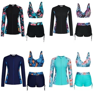 Womens Rash Guard UV UPF 50+ Long Sleeve Zip Up 3 Piece Swimsuit Boyshort with - Picture 1 of 11
