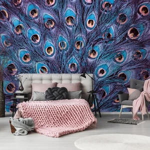 PEACOCK FEATHERS wallpaper animal purple bedroom wall mural giant size 368x254cm - Picture 1 of 6
