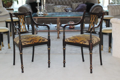 French Empire Style Pair of Ebonized Partial Gilt Carved Armchairs TIGER ANIMAL Cover