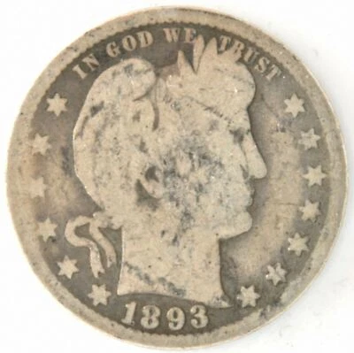 1893  Barber Quarter Dollar US 90% Silver Coin San Francisco Mint United States  - Image 1 of 2