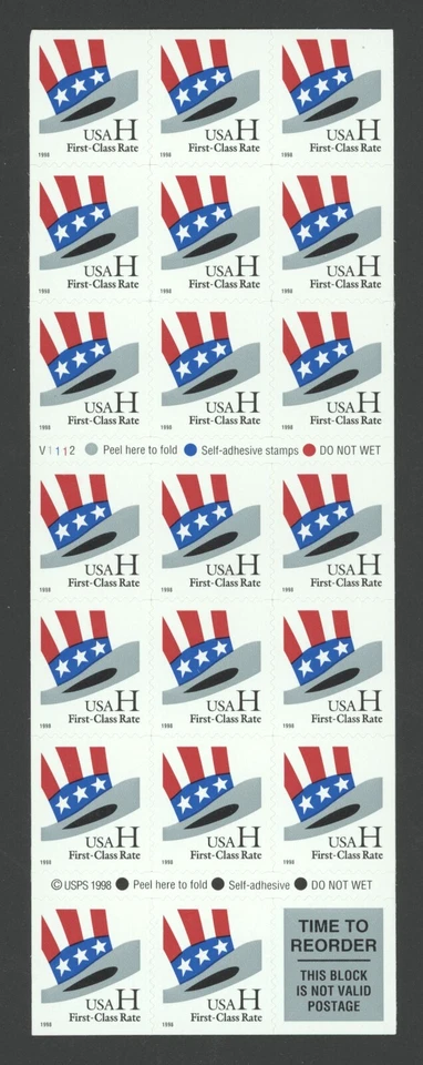 1998 US SCOTT #3268c RATE 'H' HAT Booklet Pane of 20 MNH P#V1112 - Image 1 of 1