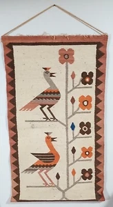 Mid Century Hand Woven Tapestry Framed On Wood Flowers Birds Folk Art Boho - Picture 1 of 22