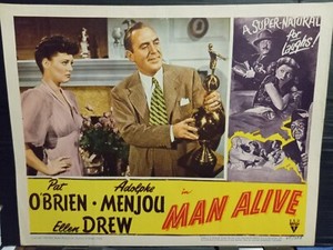 Lobby Card 1945 MAN ALIVE Ellen Drew annoyed Pat O'Brien bowling trophy