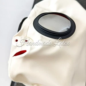 Maschera occhiali lattice bianco con tubo nasale denti bavaglio fetish cappuccio gomma festa - Foto 1 di 5