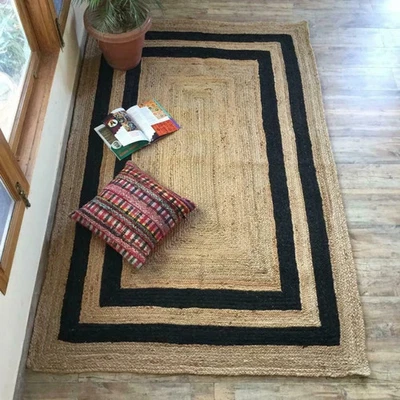 Braided Carpet Modern Black Line Rectangle Rug Runner jute Living Area Rug Mat - Image 1 of 4