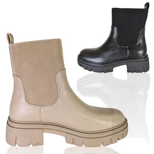 WOMENS GIRLS CHUNKY PULL ON SOCK STYLE ANKLE HIGH BOOTS WINTER WARM CASUAL WALK - Picture 1 of 9