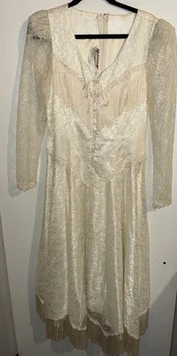 90's Vtg Victorian Visions's 8/S White Lace and Fringe Western Wedding Dress - Image 1 of 4