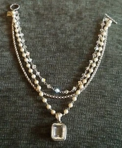 "CODI" TRI STRAND PEARL-BOREALLIS-STERLING SILVER CHAIN w/ EMERALD CUT STONE 925 - Picture 1 of 12