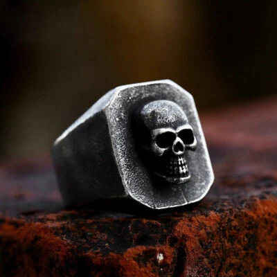 Gothic Prominent Skull Signet Ring Stainless Steel Retro Men's Skull Punk Ring - Image 1 of 4