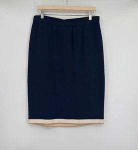 St. John Blue Santana Knit Metallic Gold Ivory Hem Trim Straight Skirt Sz 16 - Picture 1 of 8