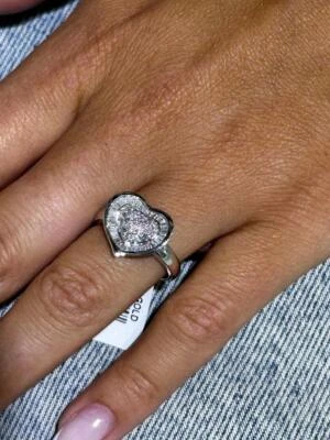 Anello Halo A Cuore In Oro Bianco 14K Con Diamanti Baguette Naturali Taglia 7 - Immagine 1 di 4