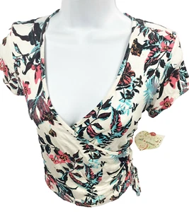Junior Small Floral Crop Top Pullover Jersey Knit Shirt Deep V Neck Tie Side - Picture 1 of 8