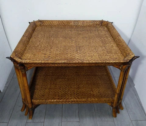 Vintage Large 38" 2-Tier Wicker Rattan Bamboo Table Boho Chic Asian Coffee Cover