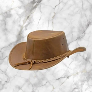 Unisex Classic Brown Genuine Leather Cowboy Hat – Western Style for Men & Women - Picture 1 of 7
