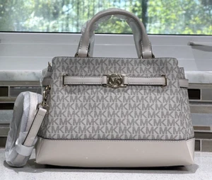 MICHAEL KORS REED SMALL BELTED SATCHEL CROSSBODY BAG TOTE MK CREAM LOGO LEATHER - Picture 1 of 12