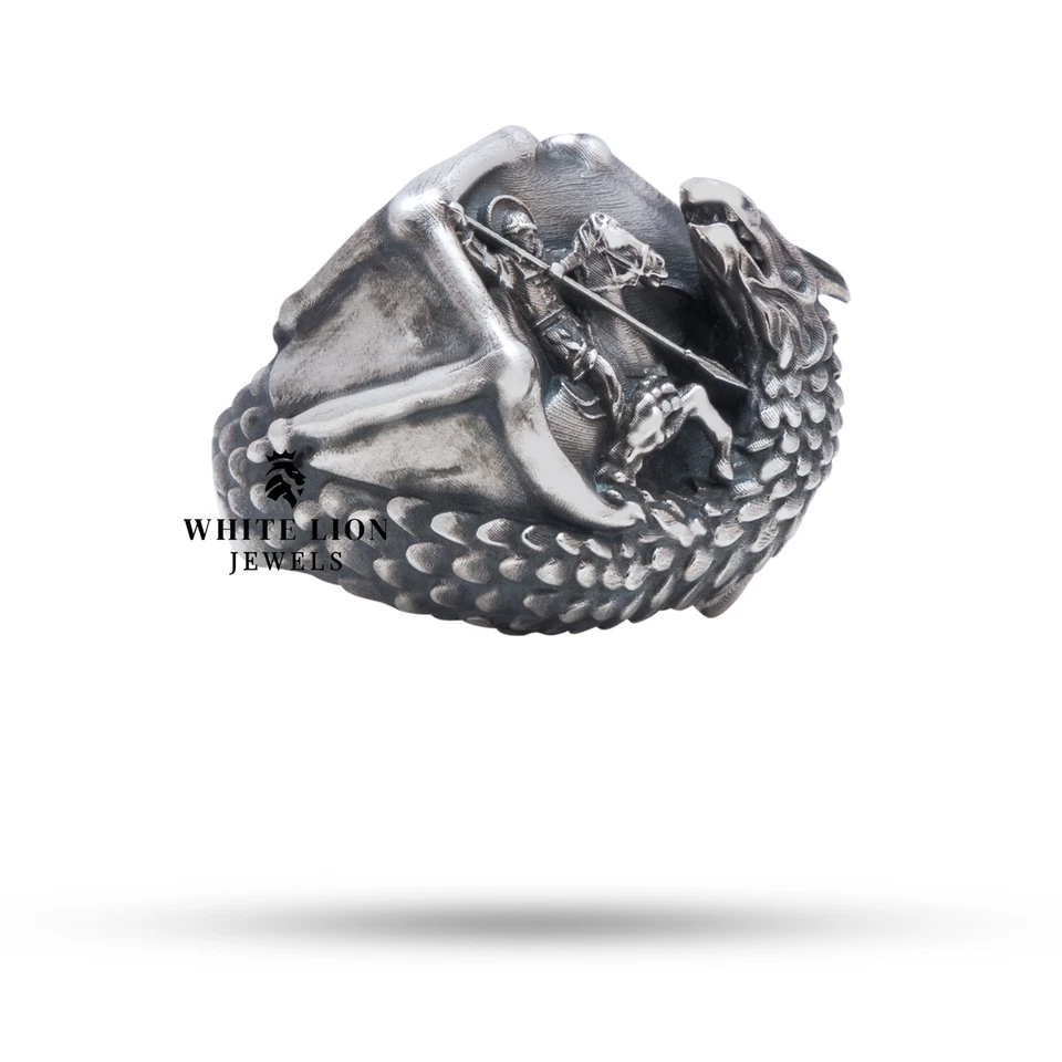 Ninja Warrior St George Slaying Dragon Oxidized 925 Silver Men Religious Ring - Image 1 of 1
