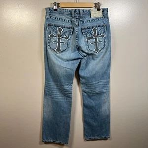 Pantalones de mezclilla azul lavado ventisca bolsillos con solapa talla 34x32 Affliction Grant para hombre - Imagen 1 de 13