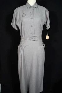 Vintage Deadstock Fancy 1950'S Taupe Rayon Gabardine Dress Size 6-8  With Tags - Picture 1 of 6