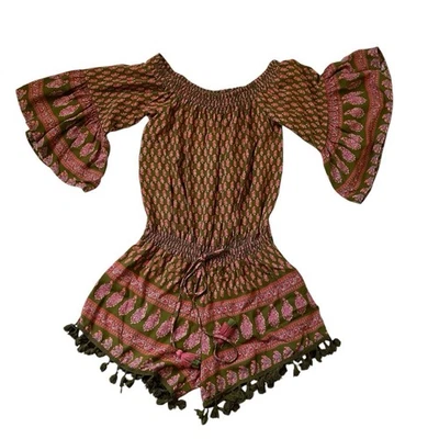 Женский комбинезон RAGA XS зеленый розовый с цветочным принтом кисточки с открытыми плечами - Изображение 1 из 4