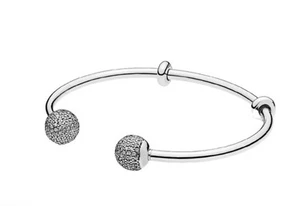 925 Sterling Silver Open Bangle silver CZ with Caps Bracelet - Picture 1 of 1
