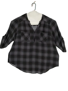 Torrid Woman's Harper Gray Plaid Roll up Sleeve Size 3=3X=22-24 V Neck 2 Pockets - Picture 1 of 9