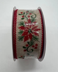 Handmade Holiday Ribbon 1.5 X 30Ft Tan & Red Poinsettia Print Wired Edged Ribbon - Picture 1 of 3