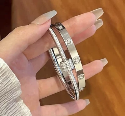 2 peças conjunto de pulseira feminina de aço inoxidável zircão pulseira de luxo impermeável presente - Imagem 1 de 4