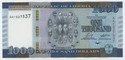 Liberia 1000 Dollars 2022 P 43 UNC Uncirculated Banknote Serial AA - Image 1 of 2