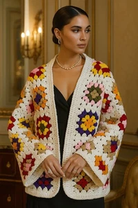 Handarbeit gehäkelte Granny Square Jacke - Boho Chic Luxus Strickjacke Gr. L/XL Neu mit Etikett - Bild 1 von 5