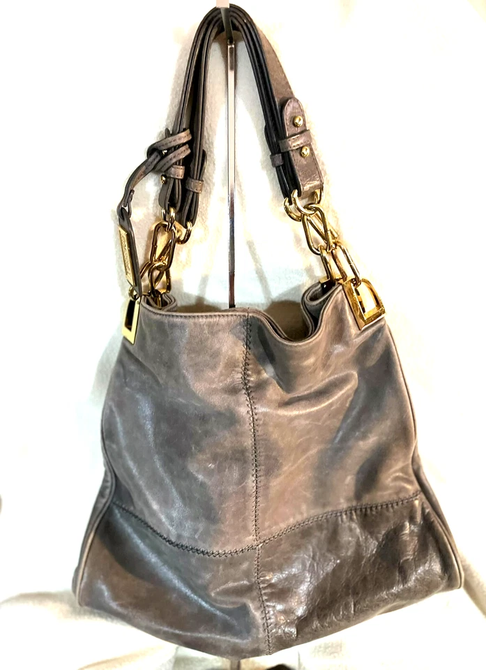BADGLEY MISCHKA Hobo Brown Leather Gold Plate Metal Grey Handbag - Image 1 of 4