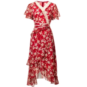 Sexy V-Ausschnitt Blumen Spitze Spleißen Blumendruck mittellanges Kleid Frau A-Linie Party - Bild 1 von 26