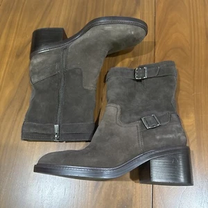 Vince Camuto Vergila Leather Buckle Moto Boots Smoky Nut Suede Women's 12M - Picture 1 of 8