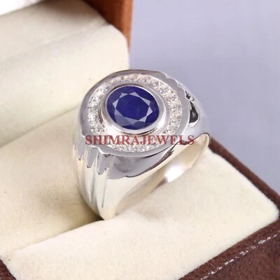 Piedra preciosa de zafiro azul térmico con anillo de plata enchapado en oro blanco de 18 quilates para hombre #284 Foto 1 de 4