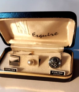 Vintage ESQ Esquire - 2 Sterling Silver & 1 White Pearl Tie Tac in original Box - Picture 1 of 3