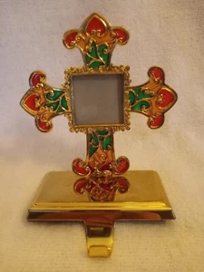 Christmas Brass Cross Stocking Holder With Picture Frame 6.5" - Picture 1 of 4