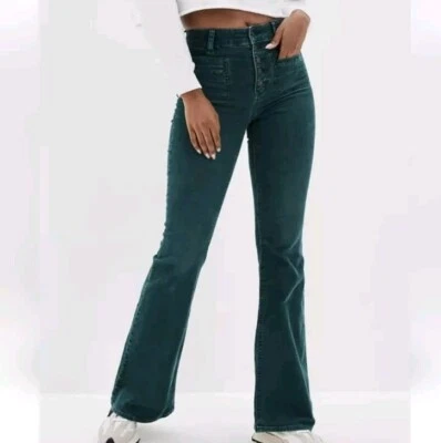 Брюки American Eagle Outfitters супервысокая посадка эластичные вельветовые расклешенные 23 бирюзовые  - Изображение 1 из 4