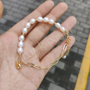 Gleaming Natural AAAA + Akoya Genuine White Pearl Bracelet 7.5-8" 14k Gold P - Picture 1 of 10