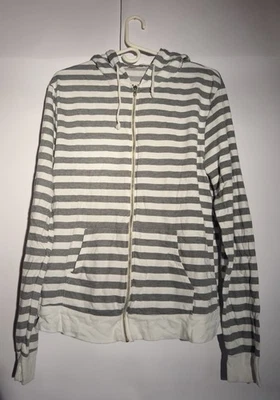 Threads 4 Thought Hoodie Unisex L zip up White Grey Stripe Fitted organic Cotton - Image 1 of 3