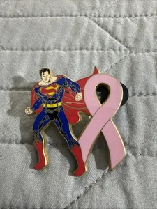 Pink Breast Cancer Awareness Ribbon Pin Featuring Superman - Picture 1 of 2