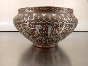 ANTIQUE Copper BOWL WITH SILVER EGYPTIAN DESIGN DECORATION 10x6 Inches - Picture 1 of 8