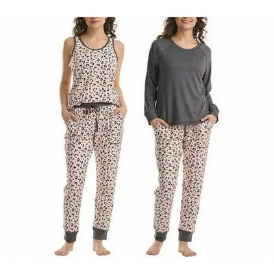 *NUEVO CON ETIQUETAS* Nuevo conjunto de pijama de 3 piezas Karen Neuburger para damas (gris/rosa estampado animal, S) Foto 1 de 3