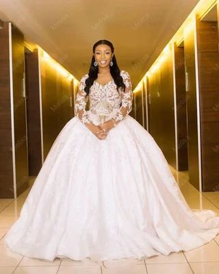 Luxury Puffy Ballgown Wedding Dresses Sweep Long Sleeve Lace African Bridal - Image 1 of 4