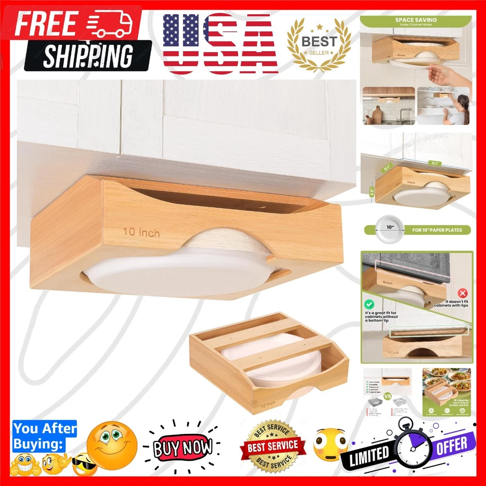 Dispensador de platos de papel de 10 pulgadas, soporte para platos de bambú debajo del gabinete, marrón Foto 1 de 4
