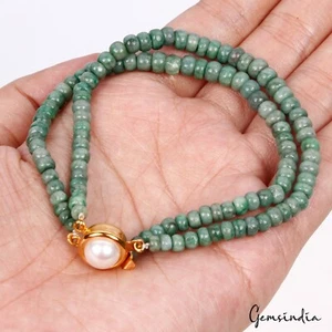79 Ct Natural Brazilian Green Emerald Round Cab Beads Handmade Bracelet 7.5" - Picture 1 of 5