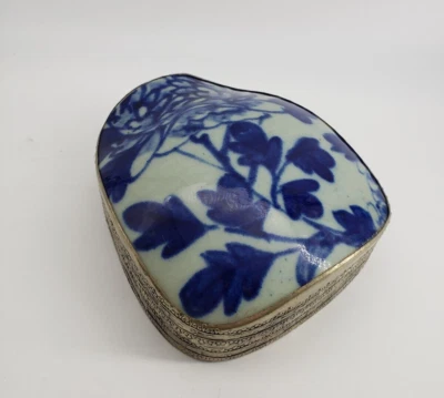 Vintage Porcelain Plate Shard Box Copper Silver Plate Blue Flower - Image 1 of 4