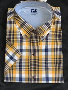 Cutter & Buck Men's Button down Shirt Yellow Navy Plaid Check Short Sleeve Large - Picture 1 of 2