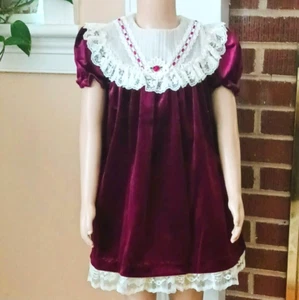 Vtg Burgundy Velvet Dress 4T Circle Ruffle Lace Collar w Rosette Puff Sleeves - Picture 1 of 10